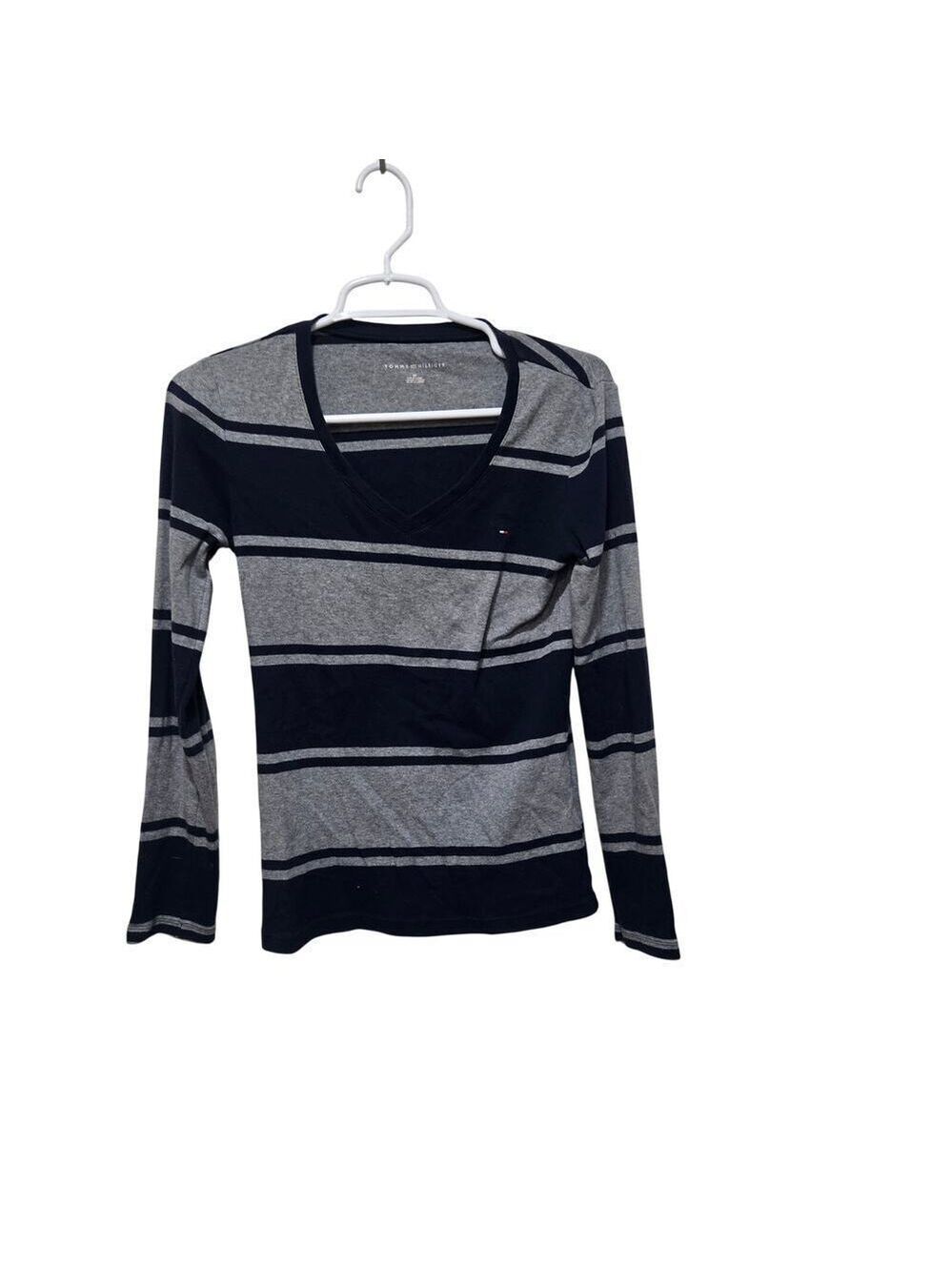 Tommy Hilfiger Striped V Neck Long Sleeve Tee Small